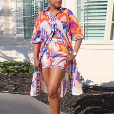 SC Plus Size Print Short Sleeve Long Shirt Shorts Two Piece Set NY-10569