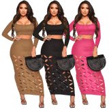 SC Ribbed High Waist Hollow Out Skirts Sexy Two Piece Set ME-8430