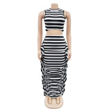SC Stripe Color Block Crop Tops And Long Skirts 2 Piece Set BY-6651