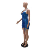 SC Solid Color Halter Irregular Drawstring Mini Dress CYA-900698
