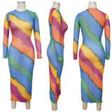 SC Print Long Sleeve See Through Nightclub Dress YF-9903