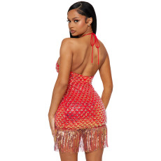 SC Sexy Sequin Tassel Tie Up Halter Mini Dress CYA-900733