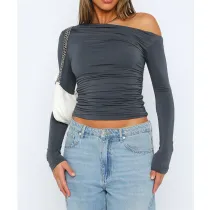 SC Solid Color Off Shoulder Long Sleeve Tops ASL-6695