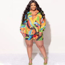 SC Plus Size Print Long Sleeve Shirt Two Piece Shorts Set NNWF-7885