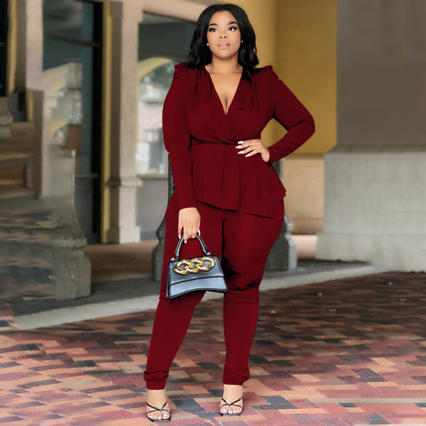 SC Plus Size Solid Deep V Neck Two Piece Pants Set NNWF-N7916