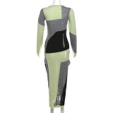 SC Long Sleeve Knits Color Block Slim Maxi Dress XEF-32597