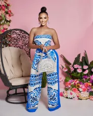SC Plus Size Casual Print Tube Tops Tie Up Two Piece Pants Set FNN-8718