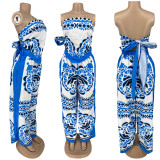 SC Plus Size Casual Print Tube Tops Tie Up Two Piece Pants Set FNN-8718