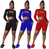 SC Casual Solid Color Long Sleeve Sport 3 Piece Shorts Set TE-4634