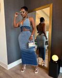 SC Halter Backless Gradient Color Denim Skirt Set MEM-88511