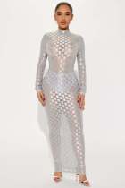 SC Fashion Mesh Plaid Long Sleeve Maxi Dress YD-8773