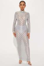 SC Fashion Mesh Plaid Long Sleeve Maxi Dress YD-8773