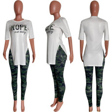 SC Fashion Letter Slit Tops And Camouflage Print 2 Piece Set HMS-5575