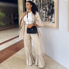 SC Casual Solid Ruffles Sleeve Shirts Micro Flare Pants Suit GDNY-2246