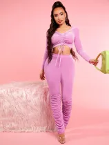 SC V-neck Ruched Crop Tops Stacked Pants Two Piece Set GDYF-6903
