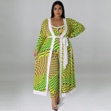 SC Plus Size Casual Print Long Sleeve Long Cardigan And Jumpsuit Two Piece Set GDAM-218290