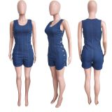 SC Double Breasted Sleeveless Denim Jumpsuit LX-6960