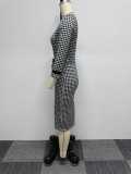 SC Plus Size Houdstooth Print Long Sleeve Bodycon Dress NY-10599
