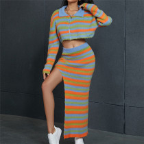 SC Stripe Print Contrast Color High Slit Long Skirt XEF-34353