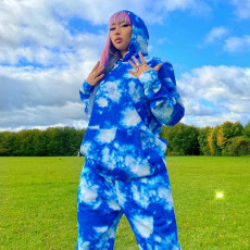 SC Tie Dye Print Hooded Sweatshirt And Pants Two Piece Set GDNY-215