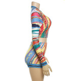 SC Fashion Print Long Sleeve Shorts Two Piece Set XEF-34425