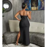 SC Solid Color Mesh Patchwork Hollow Out Maxi Dress BY-6653