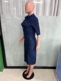 SC Fashion Slim Single Breasted Half Sleeve Denim Midi Dress LX-3558