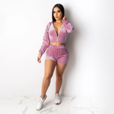 SC Solid Color Hooded Long Sleeve Two Piece Shorts Set MUKF-MK092