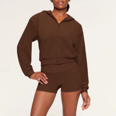 SC Solid Color Hooded Long Sleeve Two Piece Shorts Set YD-8774