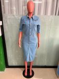 SC Fashion Slim Single Breasted Half Sleeve Denim Midi Dress LX-3558