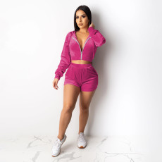 SC Solid Color Hooded Long Sleeve Two Piece Shorts Set MUKF-MK092