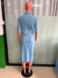 SC Fashion Slim Single Breasted Half Sleeve Denim Midi Dress LX-3558
