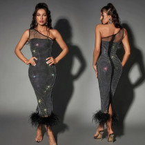 SC One-Shoulder Mesh Hot Drill Feather Maxi Dress BY-6666