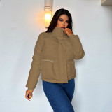 SC Long Sleeve Standing Collar Solid Color Cotton Jacket FL-23469