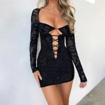 SC Sexy Hollow Out Long Sleeve Mini Dress FL-23427