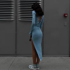 SC Sexy Long Sleeve Backless Slit Bodycon Dress FL-22153
