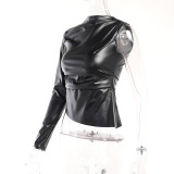 SC One Shoulder Long Sleeve PU Leather Skinny Top FL-23376