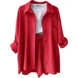 SC Long Sleeve Lapel Shirt Drawstring Shorts Two Piece Set GOFY-TZ2351