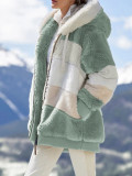 SC Plus Size Warm Plush Patchwork Zipper Hooded Loose Jacket GOFY-80160