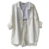 SC Long Sleeve Lapel Shirt Drawstring Shorts Two Piece Set GOFY-TZ2351
