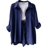 SC Long Sleeve Lapel Shirt Drawstring Shorts Two Piece Set GOFY-TZ2351