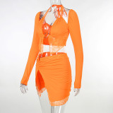 SC Lace Long Sleeve Crop Tops And Split Skirt 2 Piece Set FL-23447