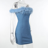 SC One-shoulder Furry Hem Denim Mini Dress FL-23099