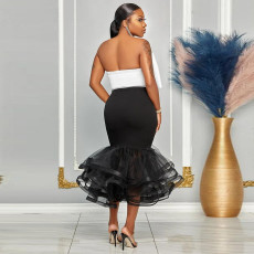SC Plus Size Bow Tie Wrap Chest And Mesh Skirt 2 Piece Set NY-2825