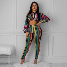 SC Stripe Print Crop Tops And Tight Pants Two Piece Set NK-9190