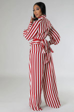 SC Stripe Print Tie Up Long Sleeve Pants Two Piece Set XHXF-8678