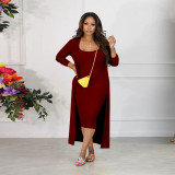 SC Long Sleeve Jacket U Neck Halter Midi Dress Two Piece Set YF-10579