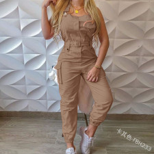 SC Plus Size Solid Color Waist Belt Sleeveless Jumpsuit GOFY-689