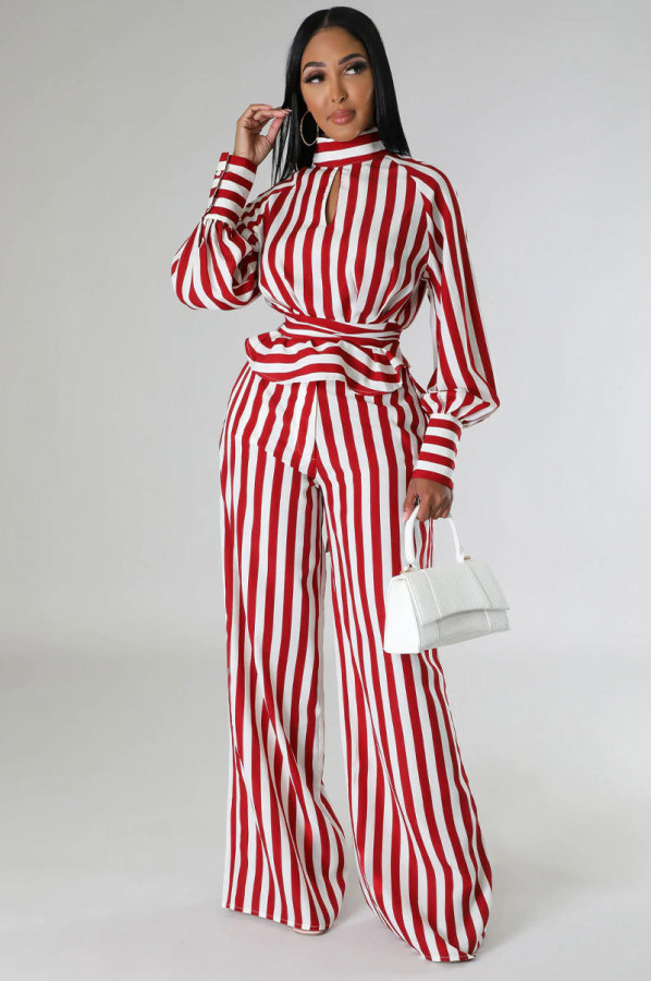 SC Stripe Print Tie Up Long Sleeve Pants Two Piece Set XHXF-8678