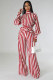 SC Stripe Print Tie Up Long Sleeve Pants Two Piece Set XHXF-8678